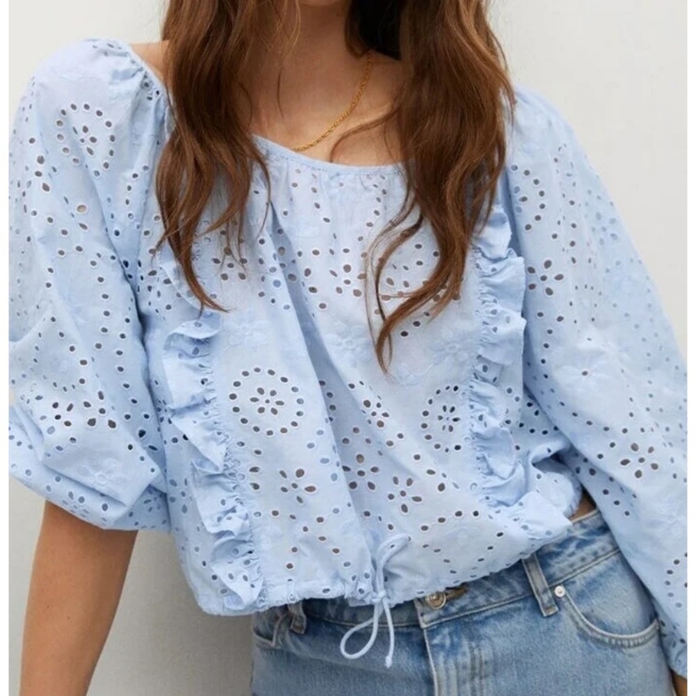 joie light blue cotton eyelet ruffle drawstring waist Long Sleeve peasant Blouse